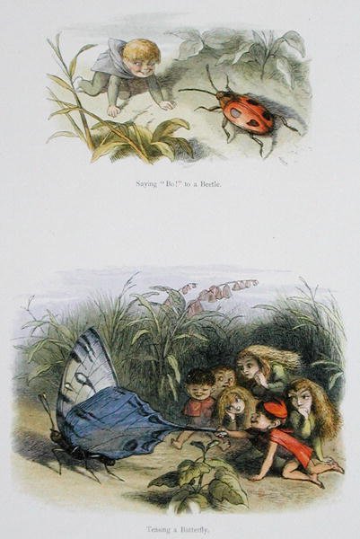 Säger "Bo!" to a Beetle, and Teasing a Butterfly, illustrationer från "In Fairyland: A Series of Pictures from the Elf-World" av William Allingham och Andrew Lang (lito i färg) av Richard Doyle