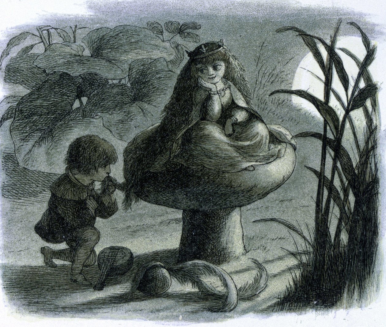 En vattenälva som sitter på en svamp uppvaktas av en älskare. I ""World of Fairies"" av Richard Doyle av Richard Doyle