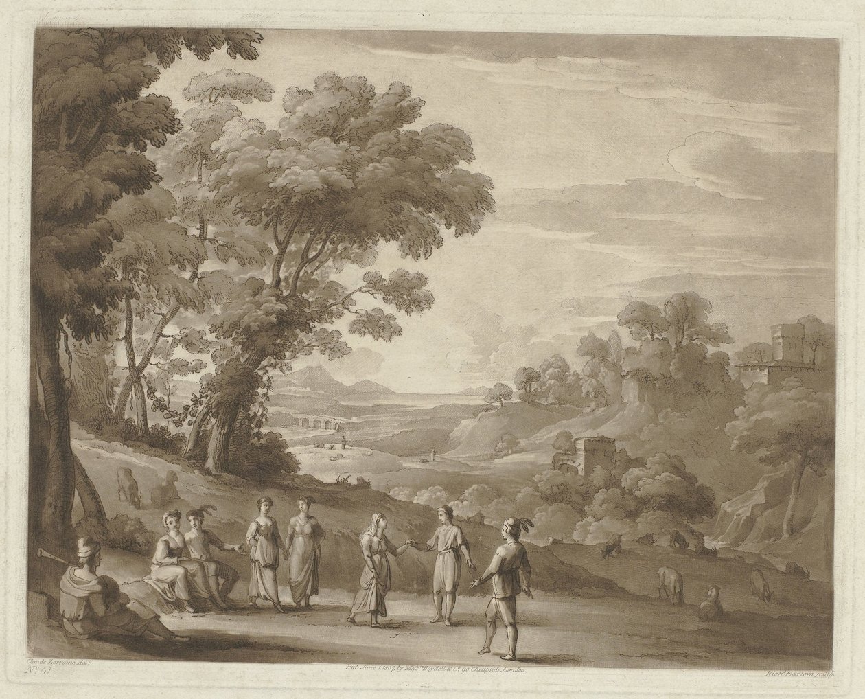 Landskap med dansande figurer Tryck efter teckningar av Claude Lorrain (serietitel) Liber Veritatis (serietitel) av Richard Earlom