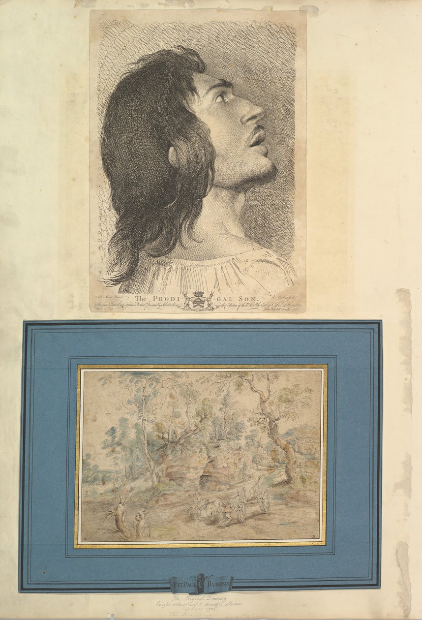 Blad från Aedes Walpolianae monterat med ett tryck och en ritning a: Head in Profile..., 1620-1766 av Richard Earlom