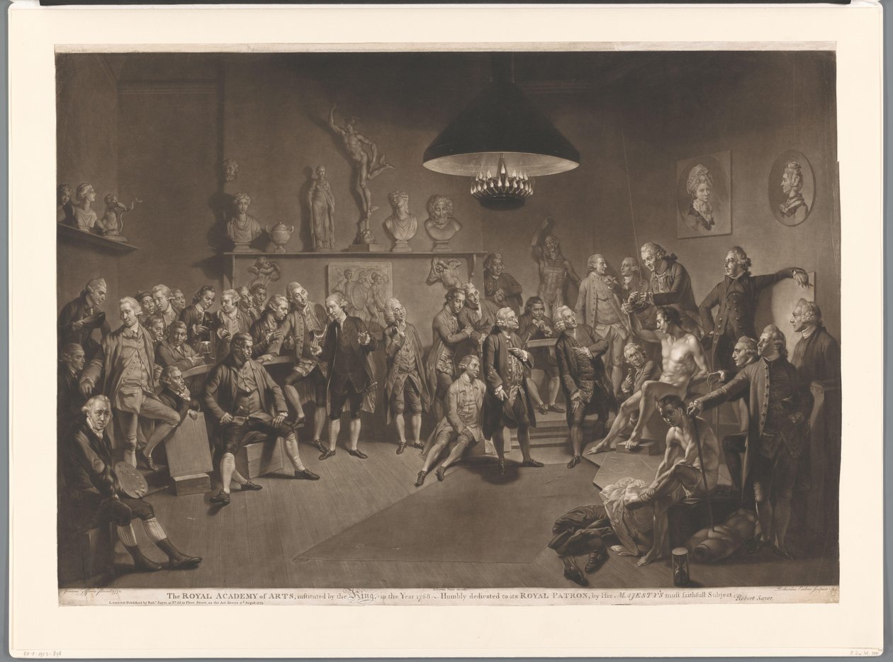 Medlemmar av Royal Academy i interiör med naken manlig modell, 1768 Kungliga Konsthögskolan, instiftad av kungen, år 1768 (titel på föremålet) av Richard Earlom