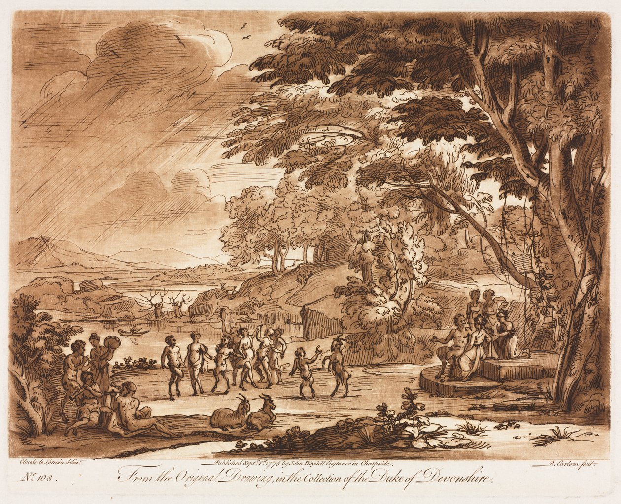 Liber Veritatis: Nr 108, Landskap med satyrer och nymfer som dansar, 1775. av Richard Earlom