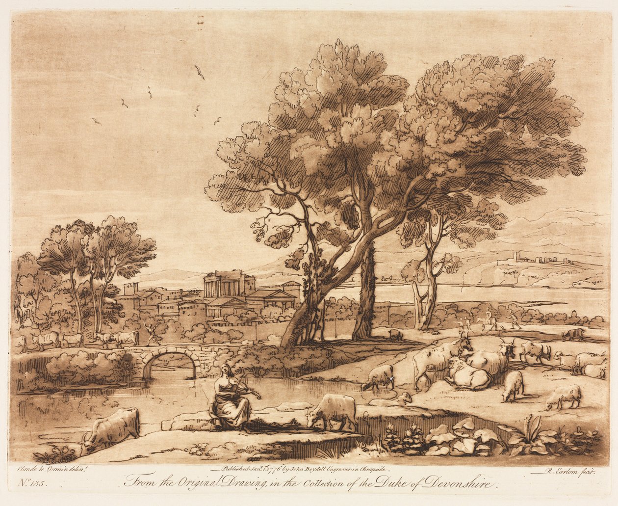 Liber Veritatis: No. 135, A Landscape, with Buildings, Mercury Stealing Admetuss Cattle..., 1776. av Richard Earlom