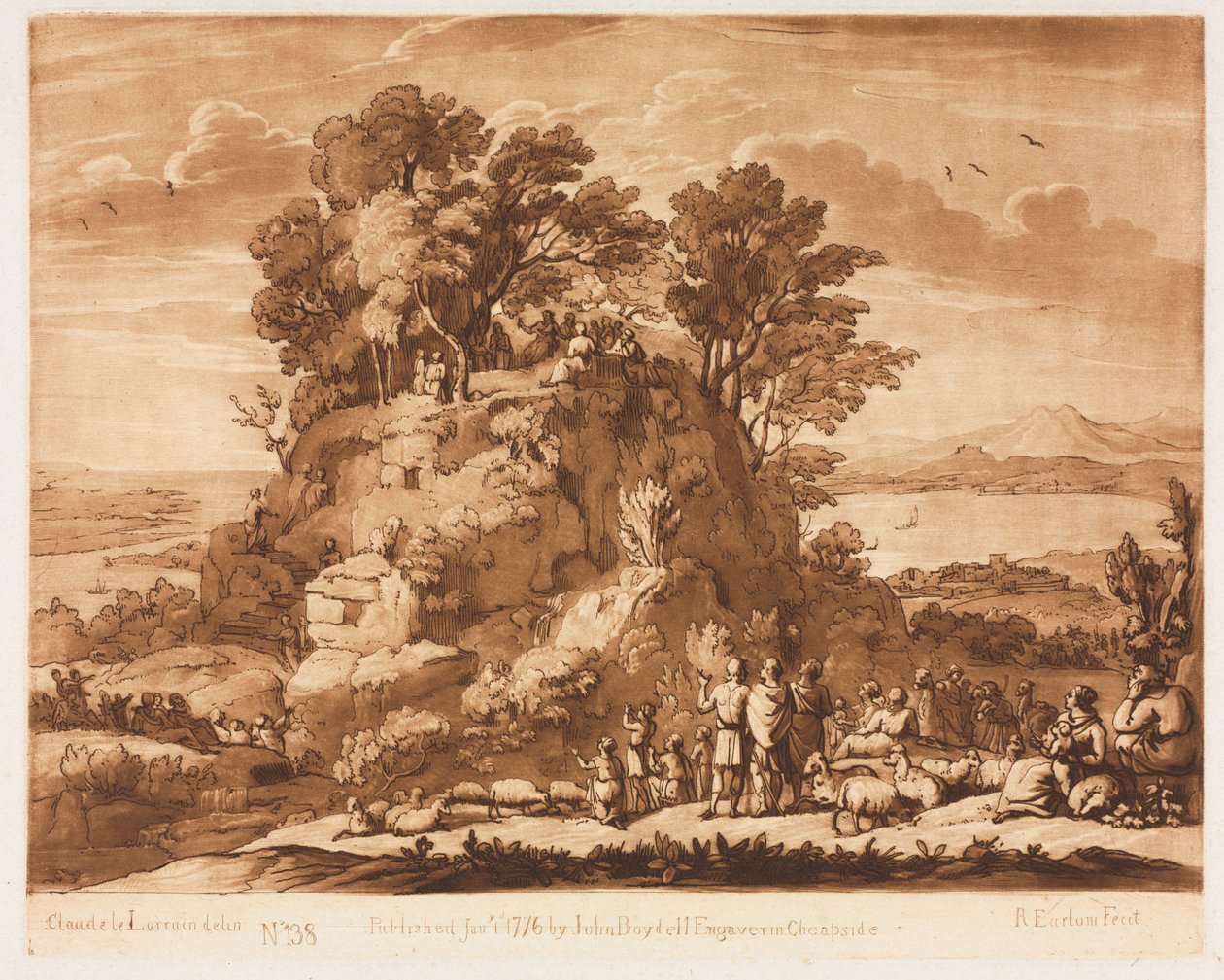 Liber Veritatis: No. 138, A View of the Sea, with Christ Preaching on the Mountain..., 1776. av Richard Earlom