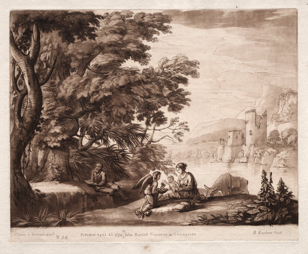Liber Veritatis: Nr 38, The Repose of the Holy Family along a River av Richard Earlom