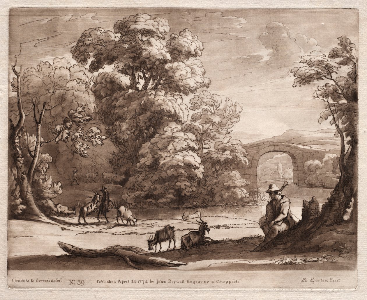 Liber Veritatis: No. 39, A Landscape with Herdsman Playing a Bagpipe and Goats Browsing, 1774. av Richard Earlom