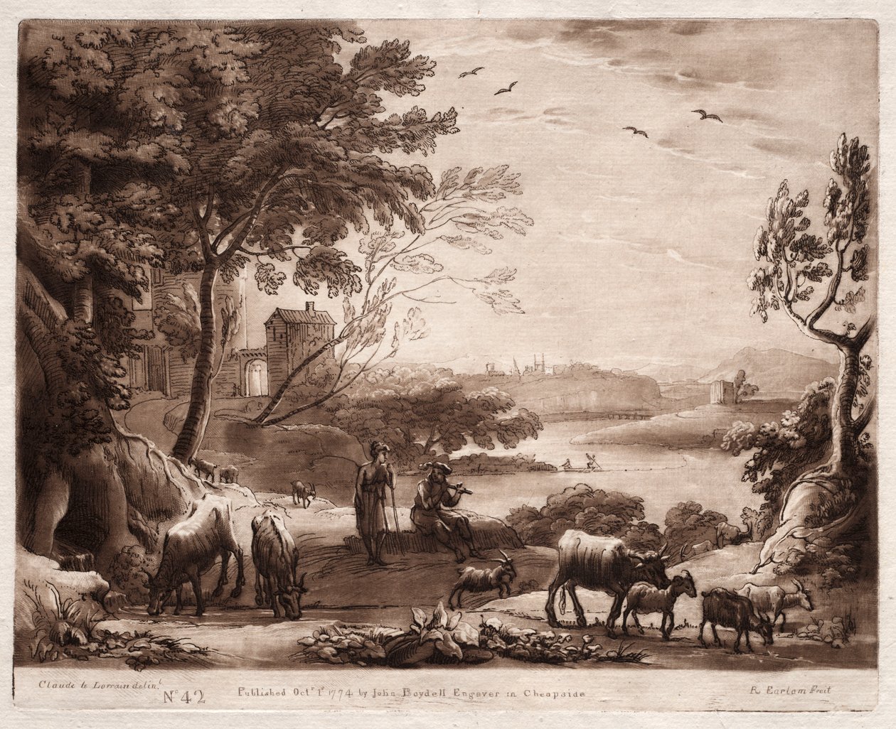 Liber Veritatis: Nr 42, A River Landscape with a Shepherd and Shepherdess and a Herd of Cattle av Richard Earlom