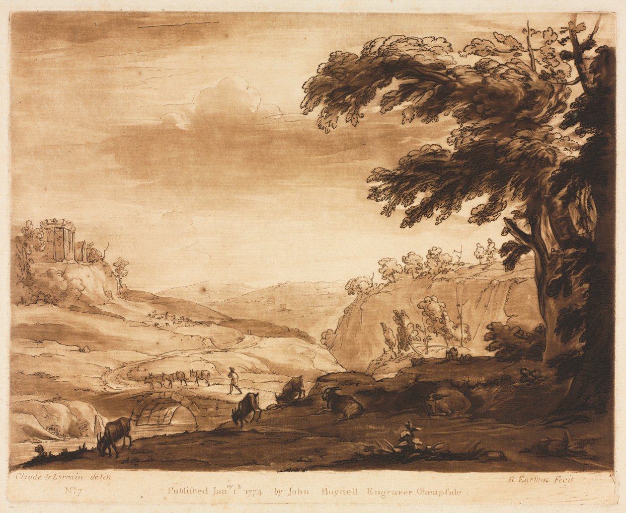 Liber Veritatis: No. 7, An Island Scene of a Mountainous Country with Cattle, 1774. av Richard Earlom