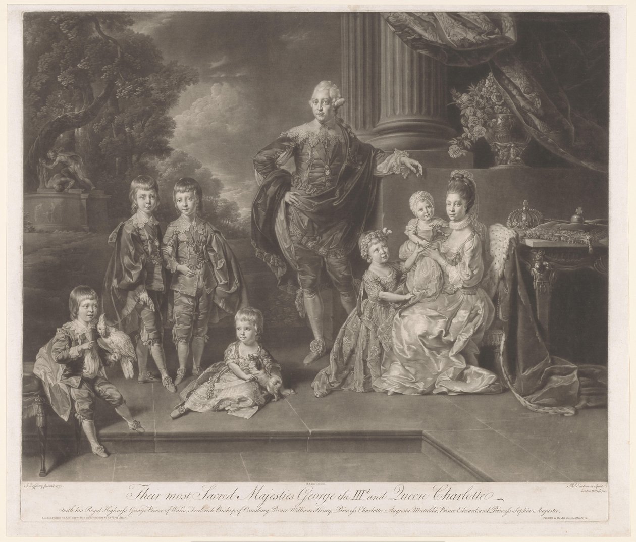 Porträtt av George III, kung av Storbritannien, och hans familj Deras allra heligaste majestäter George den IIId och drottning Charlotte (titel på objektet) av Richard Earlom