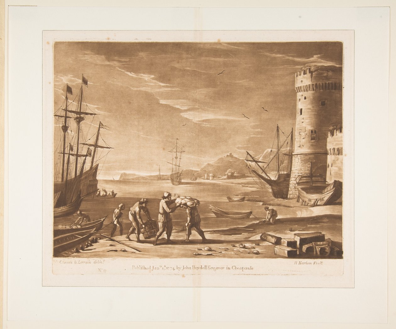 Havshamn med sjömän som lastar varor, 1774. av Richard Earlom