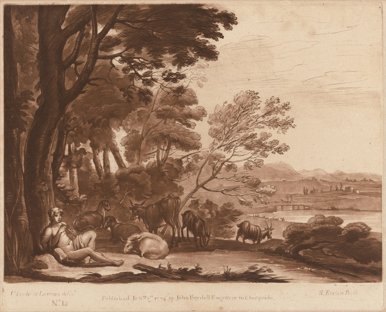 Landskap nr. 15 från "Sanningens bok" av Richard Earlom after Claude Lorrain