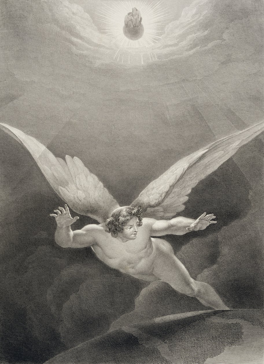 Satan hoppar över himlens väggar, från en fransk utgåva av "Paradise Lost" av John Milton (1608-74), graverad av Nyon, publicerad 1868. av Richard Edmond Flatters