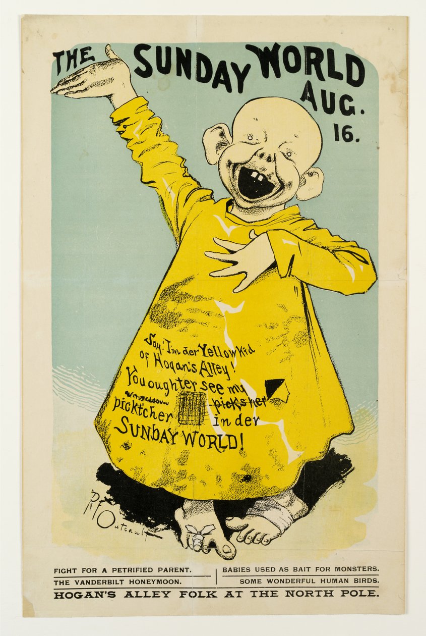 The Sunday World 16 augusti: Say, Im der Yellow Kid från Hogans Alley..., ca 1895-98 litho av Richard Felton Outcault