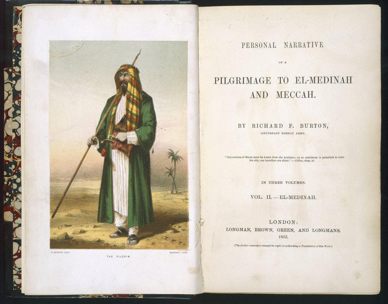 Titelsida till Richard F. Burton, "Rapport om min pilgrimsfärd till Medina och Mecka", volym lI., 1855 av Richard Francis Burton