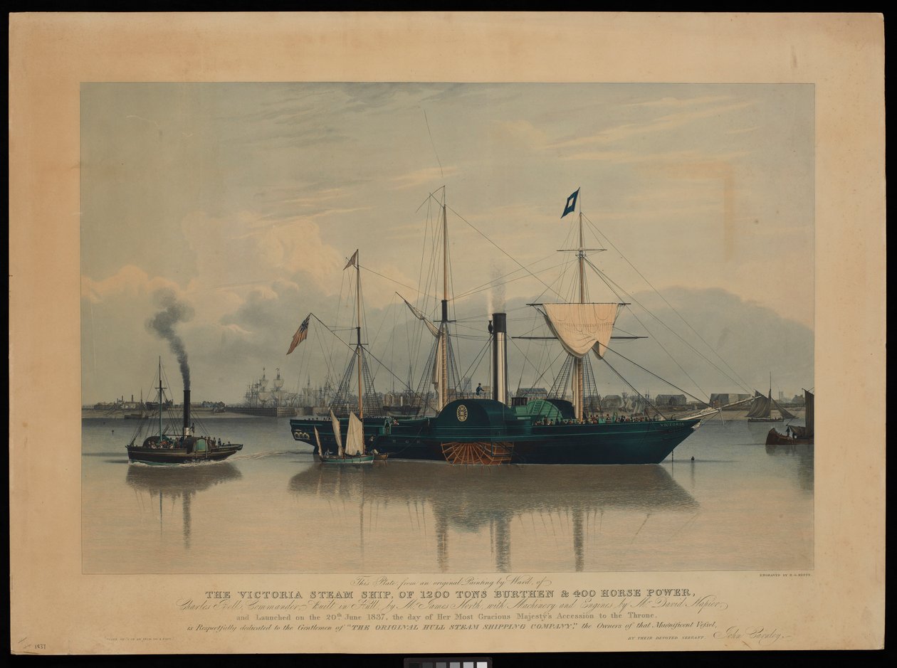 Denna plansch, från en originalmålning av Ward, av ångfartyget Victoria, med 1200 tons tyngd och 400 hästkrafter ... sjösatt den 20 juni 1837 ... (akvatint, färgad, kartong) av Richard G. Reeve