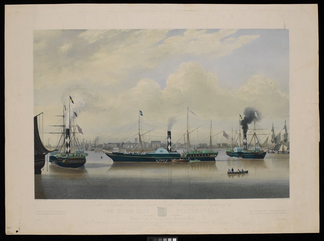 Till Humber Union Steam Packet Company denna gravyr av ångfartyget Wilberforce i tre positioner med utsikt över hamnen och staden Hull... av Richard G. Reeve