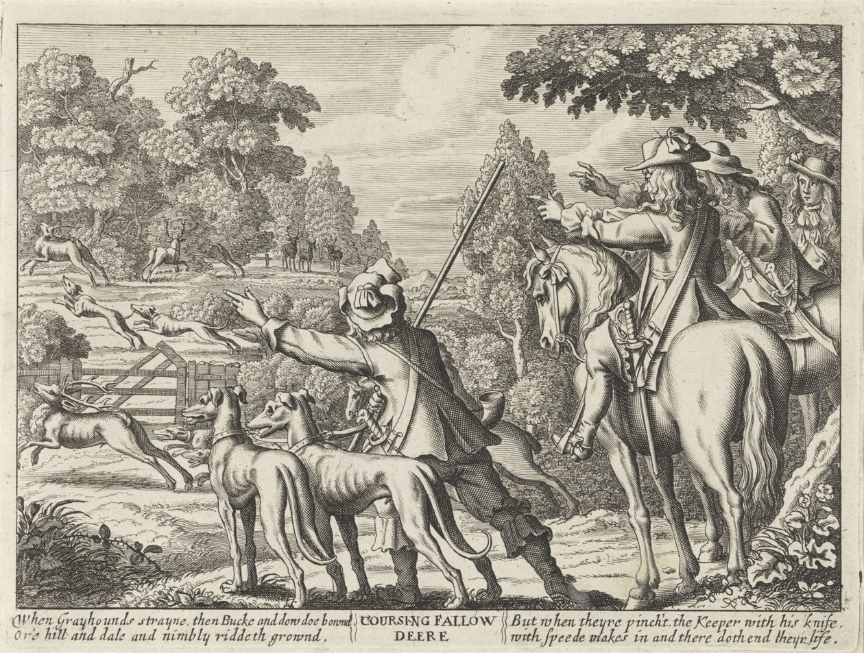 Herten nagejaagd genom jachthonden Coursing Fallow Deere (titel på objekt) Jachtpartijen (serietitel) Flera sätt för jakt, Hawking och fiske, enligt engelskt sätt (serietitel) av Richard Gaywood (possibly)