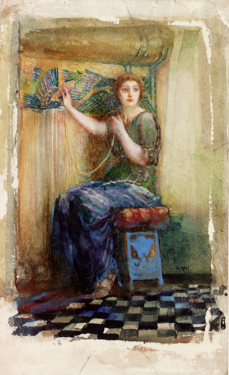 At the Loom akvarell på papper av Richard George Hatton