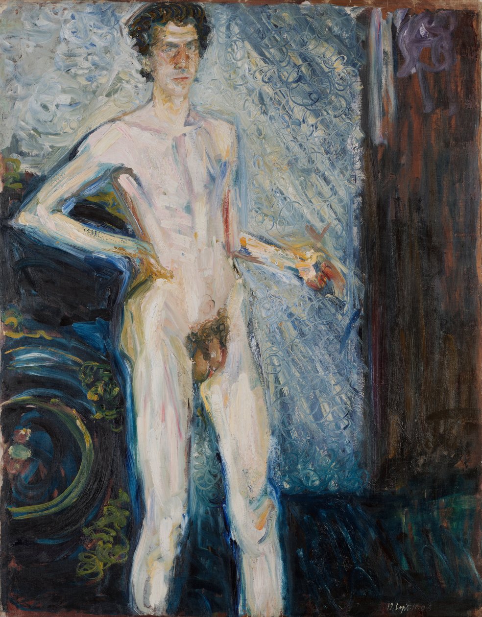 Naken självporträtt med palett - Gerstl, Richard (1883-1908) - 1908 - Olja på duk - 139,3x100 - Leopold Museum, Wien av Richard Gerstl
