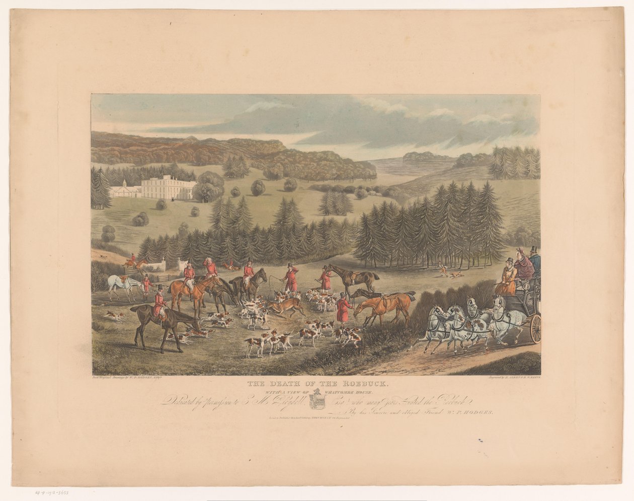 Jägare och hundar runt ett döende rådjur nära Whatcombe House The Death of the Roebuck, med utsikt över Whatcombe House (titel på objekt) av Richard Gilson Reeve