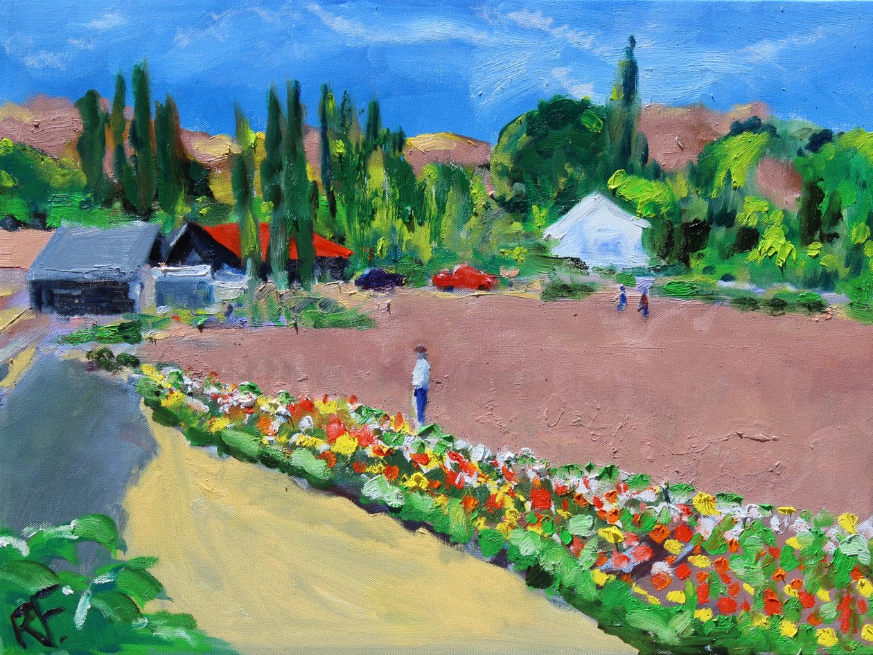 Admiring the Zinnias, 2021 (olja på duk) av Richard H. Fox