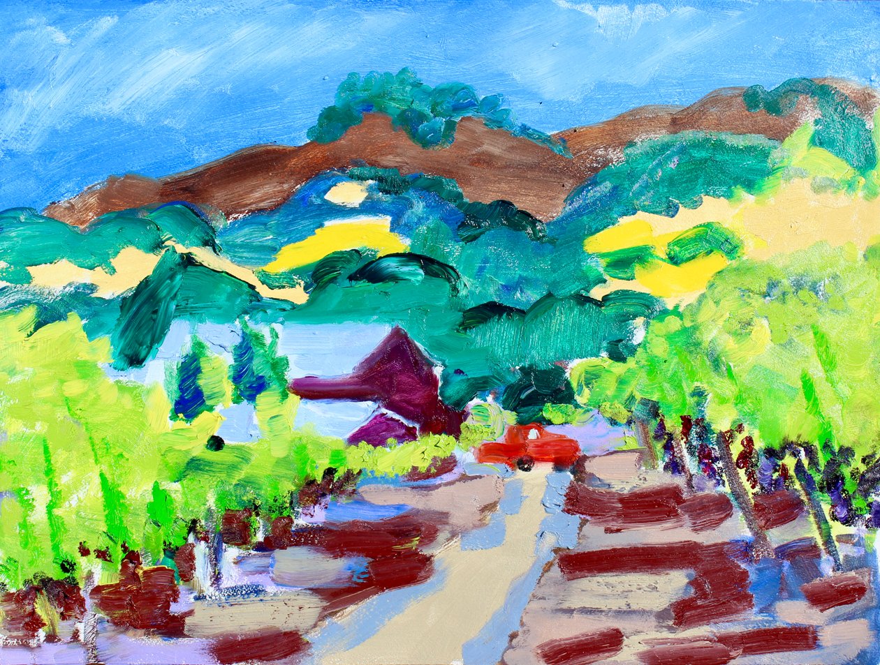 Red Truck in a Vineyard, Kalifornien, 2021 (olja på duk) av Richard H. Fox
