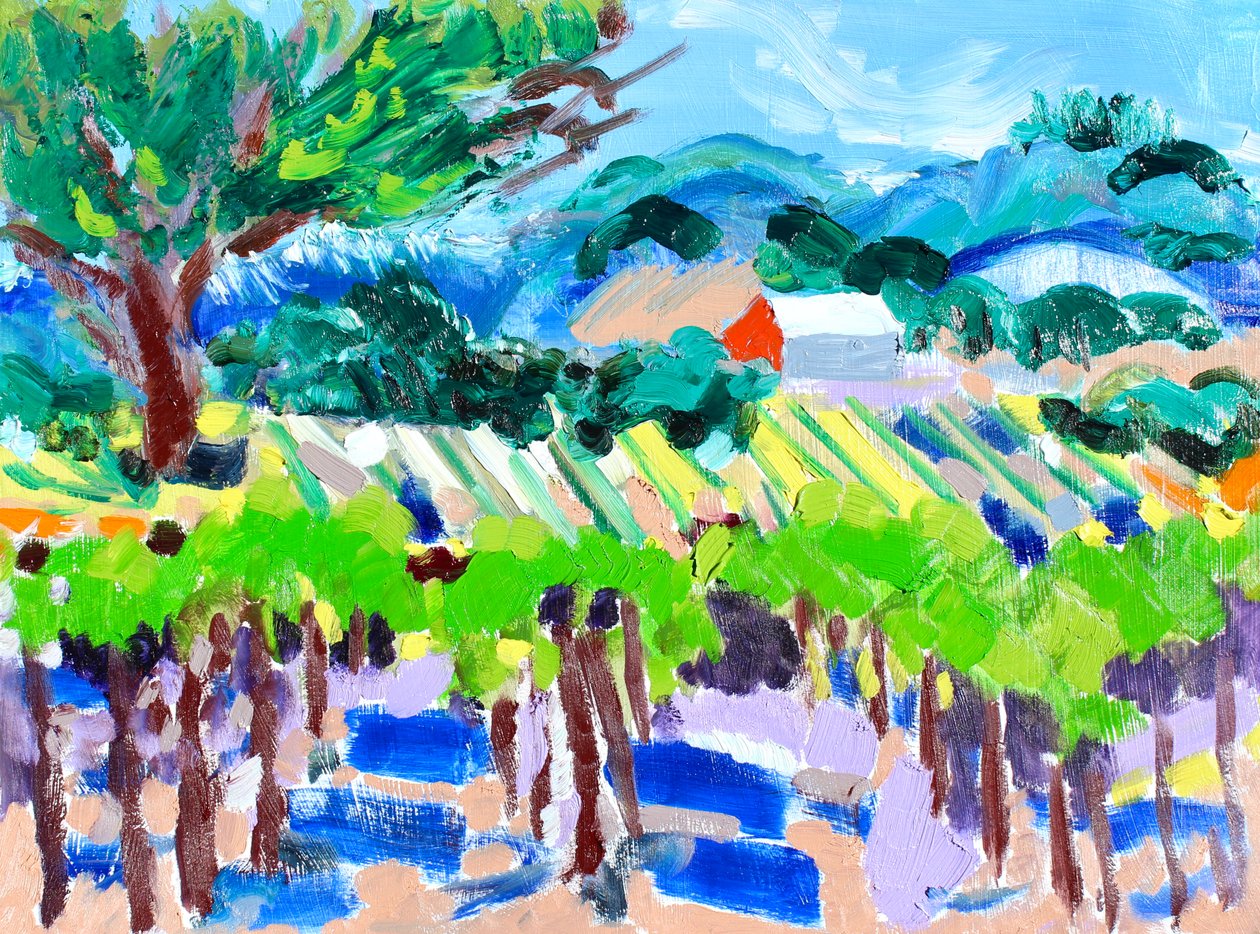 Vingård med Red Barn, 2021 (olja på papper) av Richard H. Fox