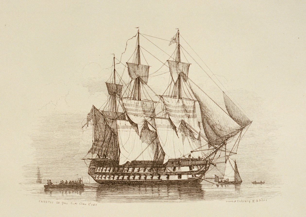 Canopus 80 kanoner Första klass 2:a taxan, ca 1849 (etsning) av Richard Henry Nibbs