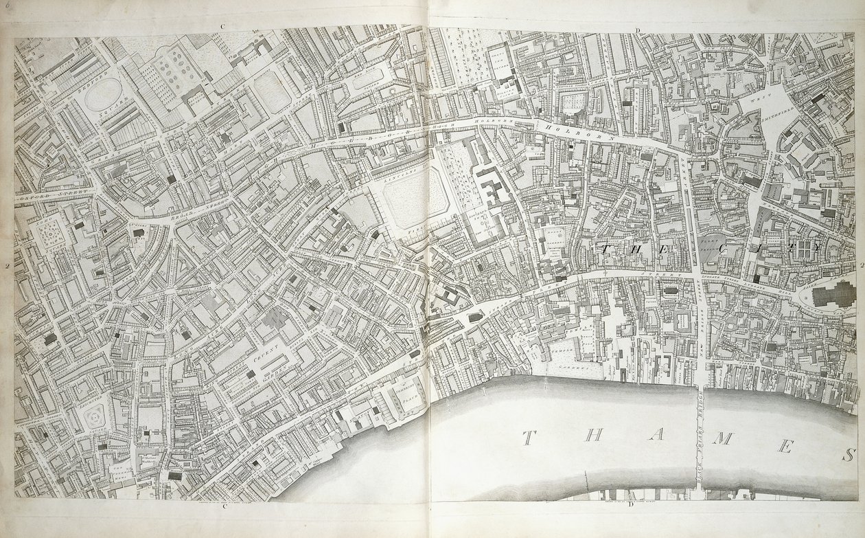 Plåt från "Plan of the Cities of London and Westminster the Borough of Southwark, and Parts Adjoining", c.1792-1799 av Richard Horwood