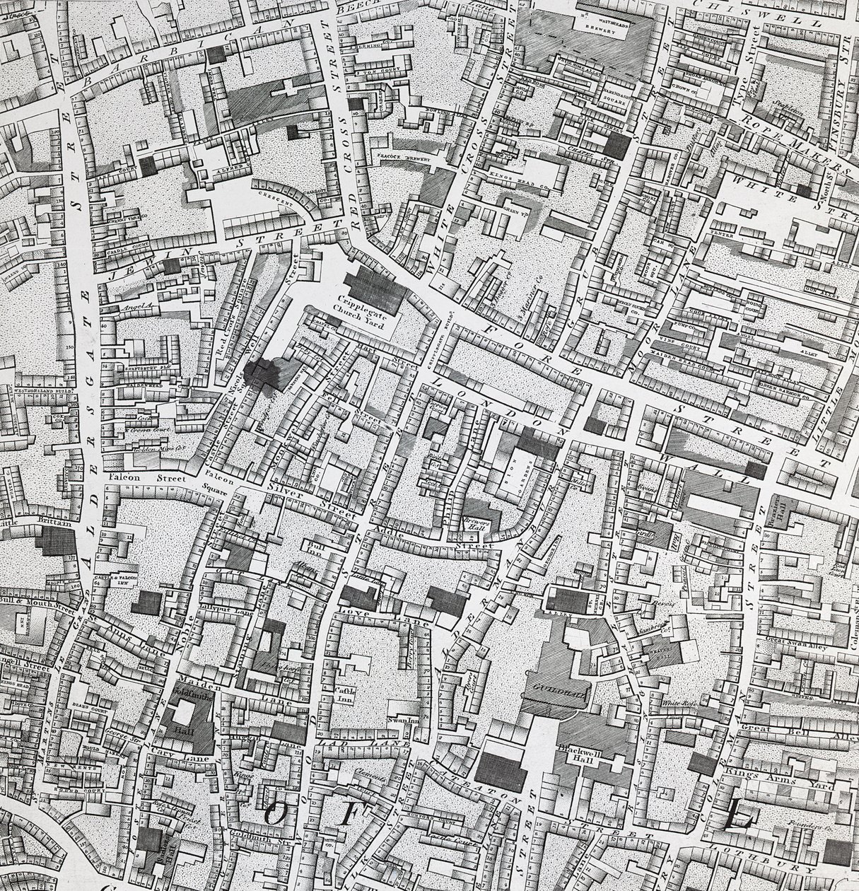 Gatukort över London runt Guildhall, ca 1795 (tryck) av Richard Horwood
