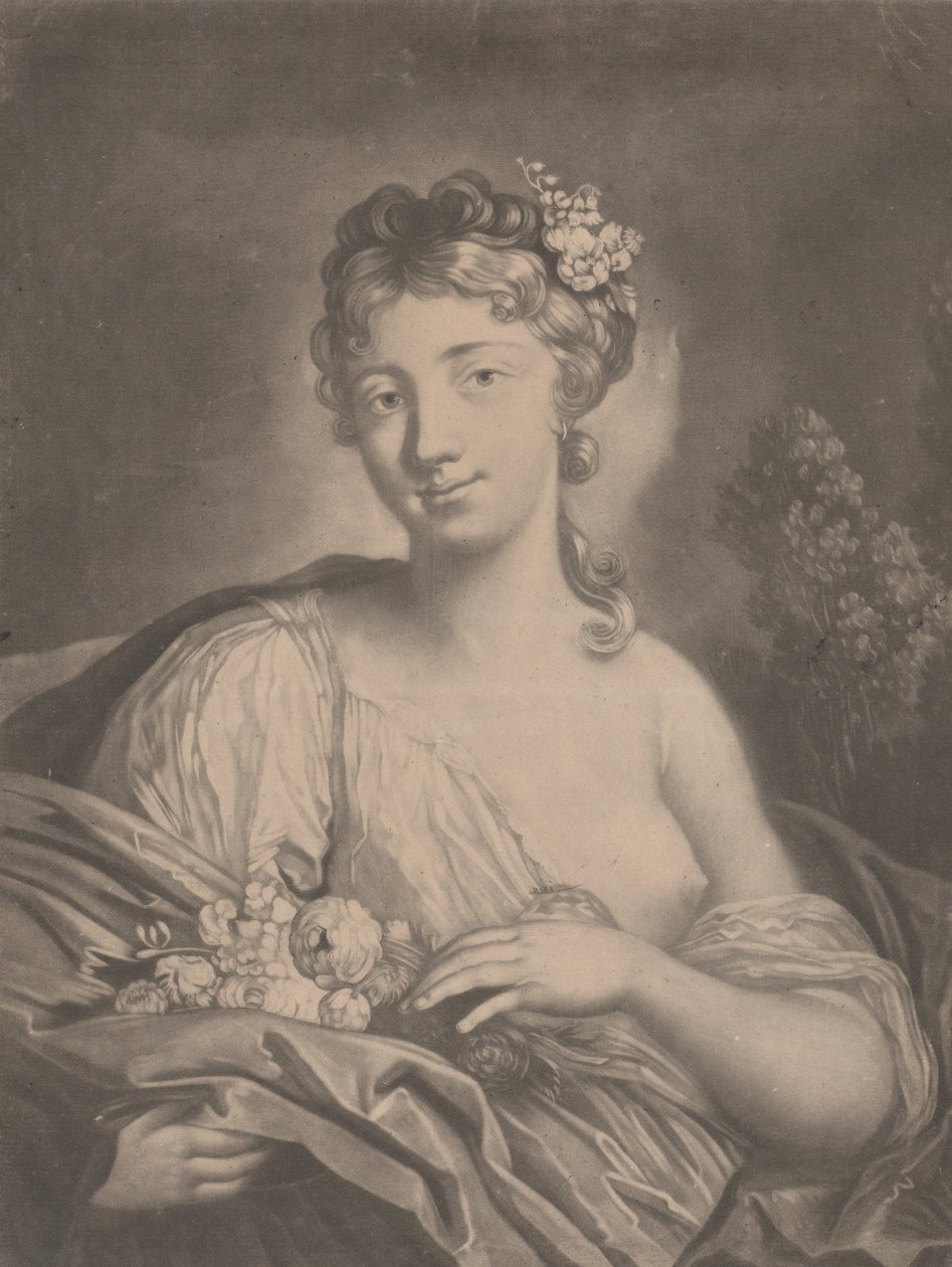 Vår: en ung kvinna som håller blommor i sin kappa, 1775. av Richard Houston