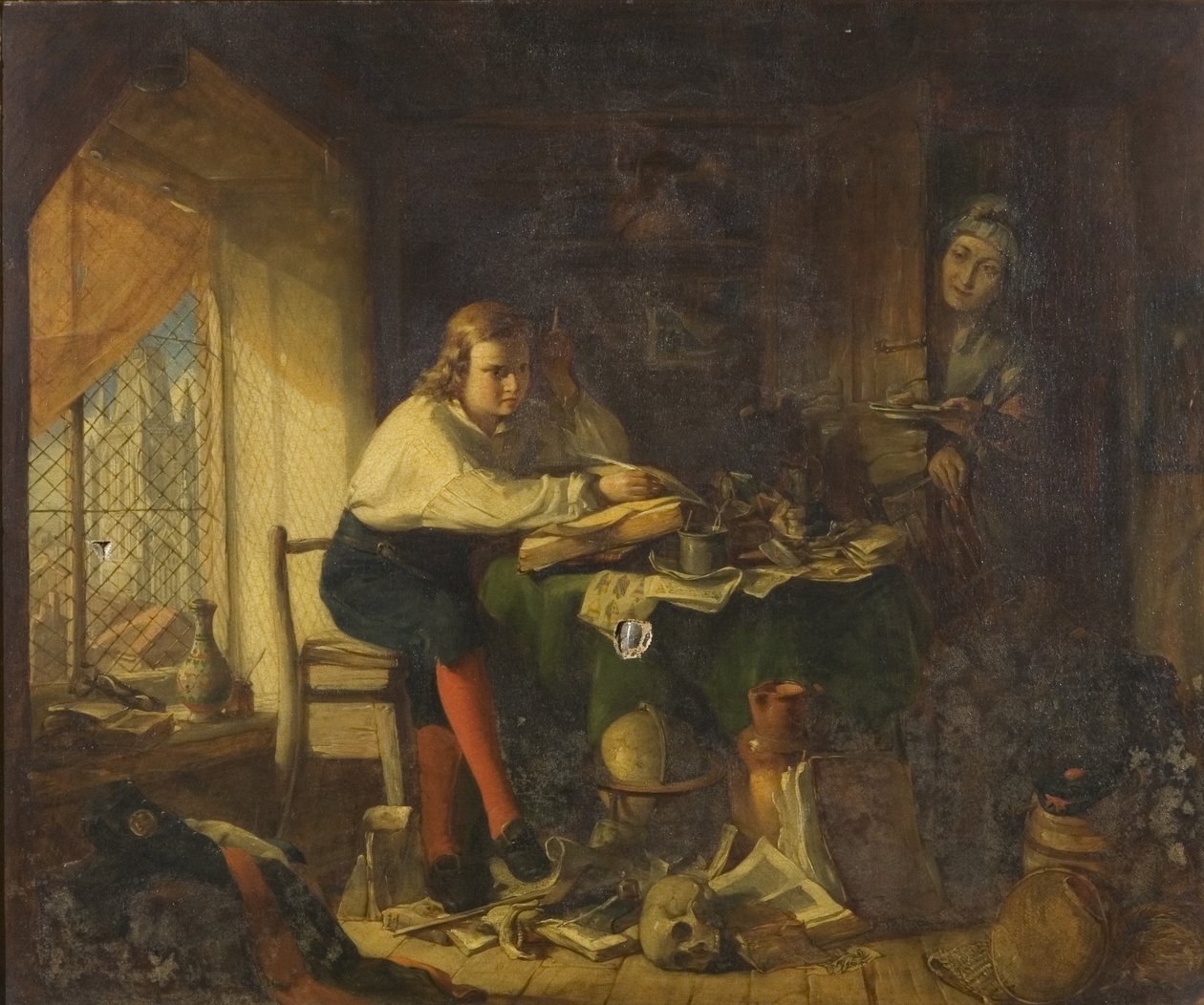 Chatterton komponerar Rowleian-manuskripten (olja på duk) av Richard J. Lewis