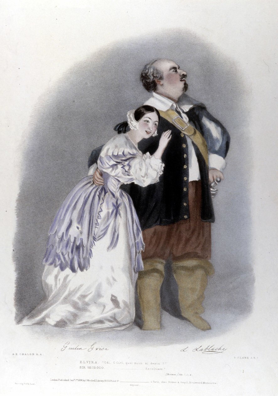 Giulia Grisi och Luigi Lablache i 3:e akten av Puritanerna av Vincenzo Bellini. Litografi av R. J. Lane. 1835 av Richard James Lane