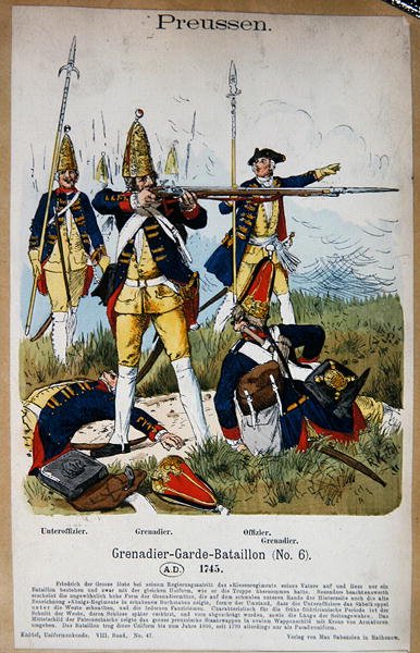 Preussiska grenadjärvakter och officerare 1745, ca 1890 (färg litho) av Richard Knoetel