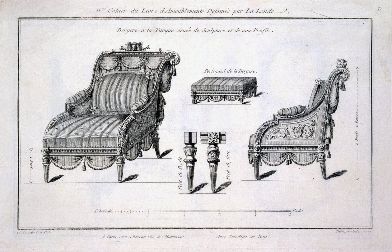 Bergere-fåtölj i turkisk stil, från Oeuvres divers de Lalonde, dekoratör och designer, publicerad 1780-96 av Richard Lalonde