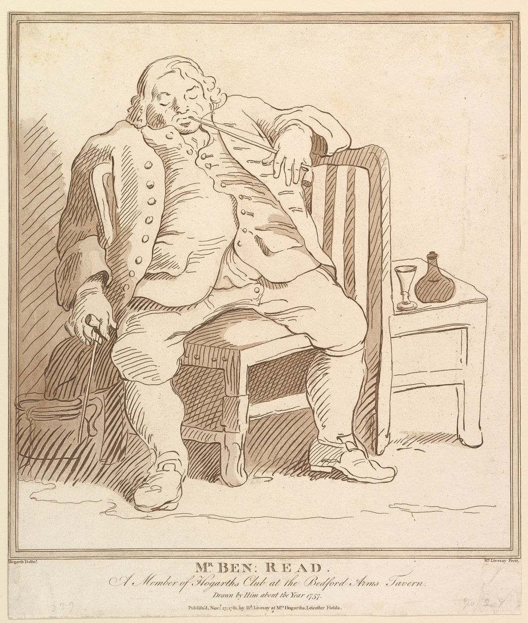 Mr Ben: Read, A Member of Hogarths Club at Bedford Arms Tavern, Drawn b..., 27 november 1781. av Richard Livesay