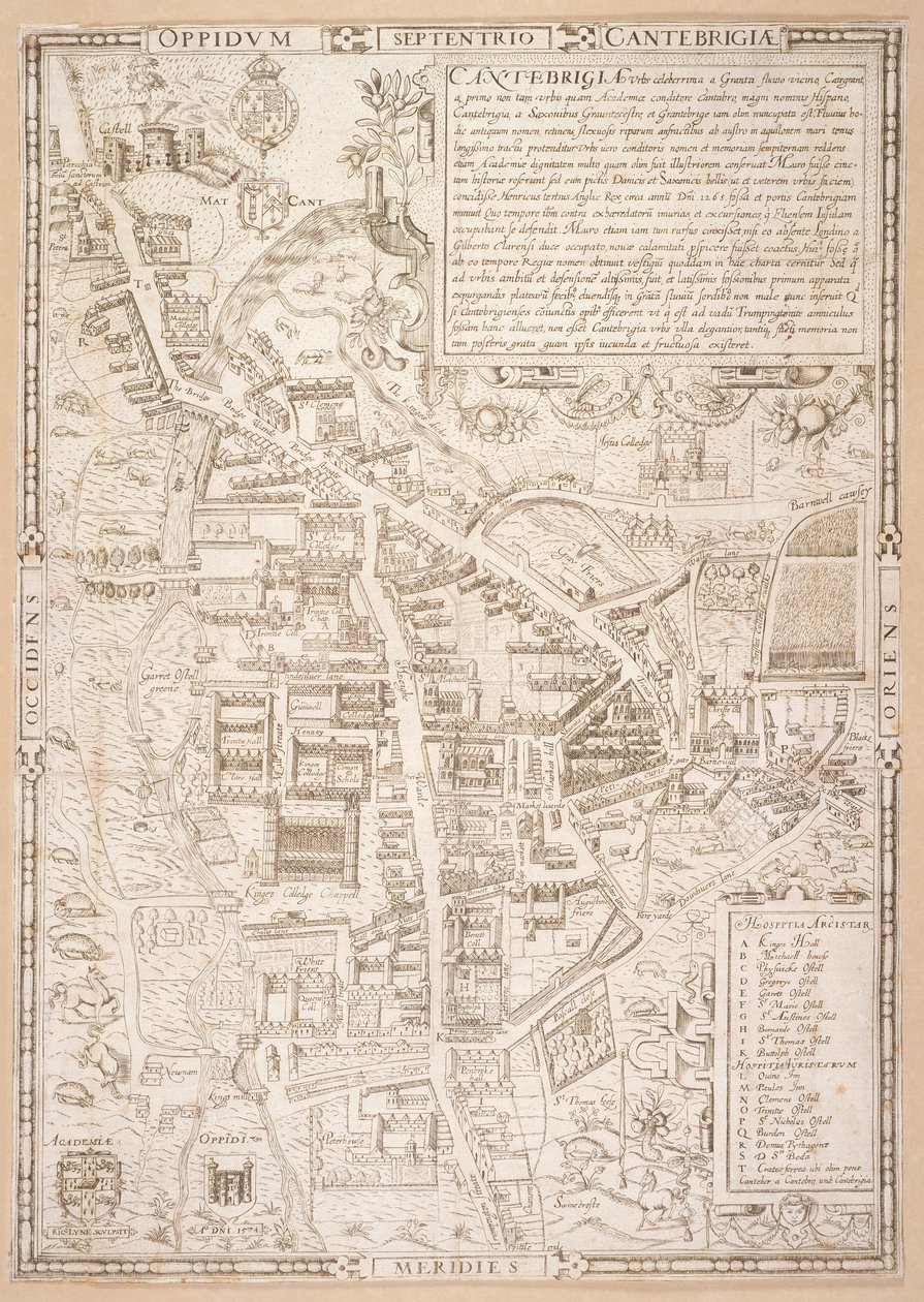 Karta över Cambridge, från Caius "Historia Cantabrigensis Academia", 1574 av Richard Lyne
