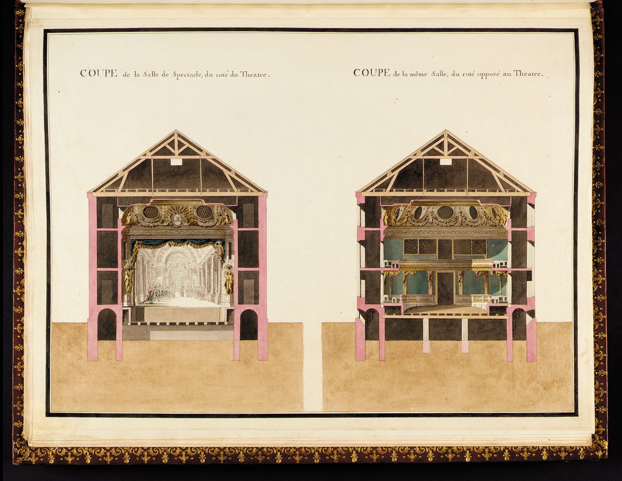 Sektion av föreställningssalen på sidan av teatern & Sektion av samma sal på sidan mitt emot teatern, från Compendium of Plans of the Petit Trianon av Richard Mique av Richard Mique