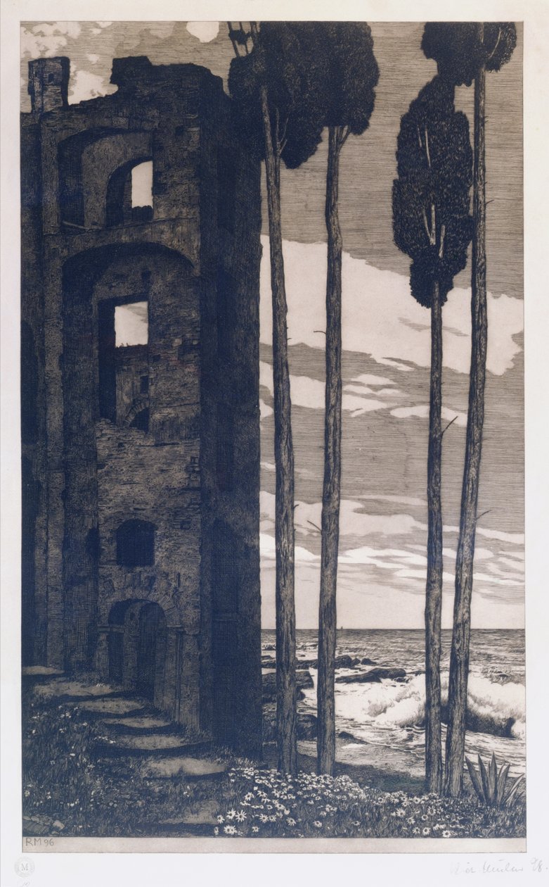 Ruiner vid havet (etsning  akvatint) av Richard Mueller