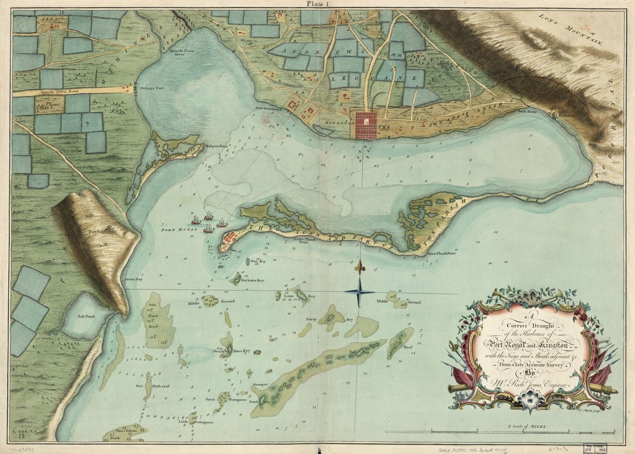 Ett korrekt utkast till hamnarna i Port Royal och Kingston, med nycklar och stim intill &c. från en sen noggrann undersökning av Mr. Richd Jones, ingenjör. av Richard; Mynde Jones