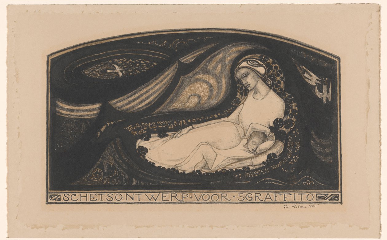 Liggande kvinna och barn Skissdesign för sgraffito (titel på objekt) av Richard Nicolaüs Roland Holst (signed by artist)