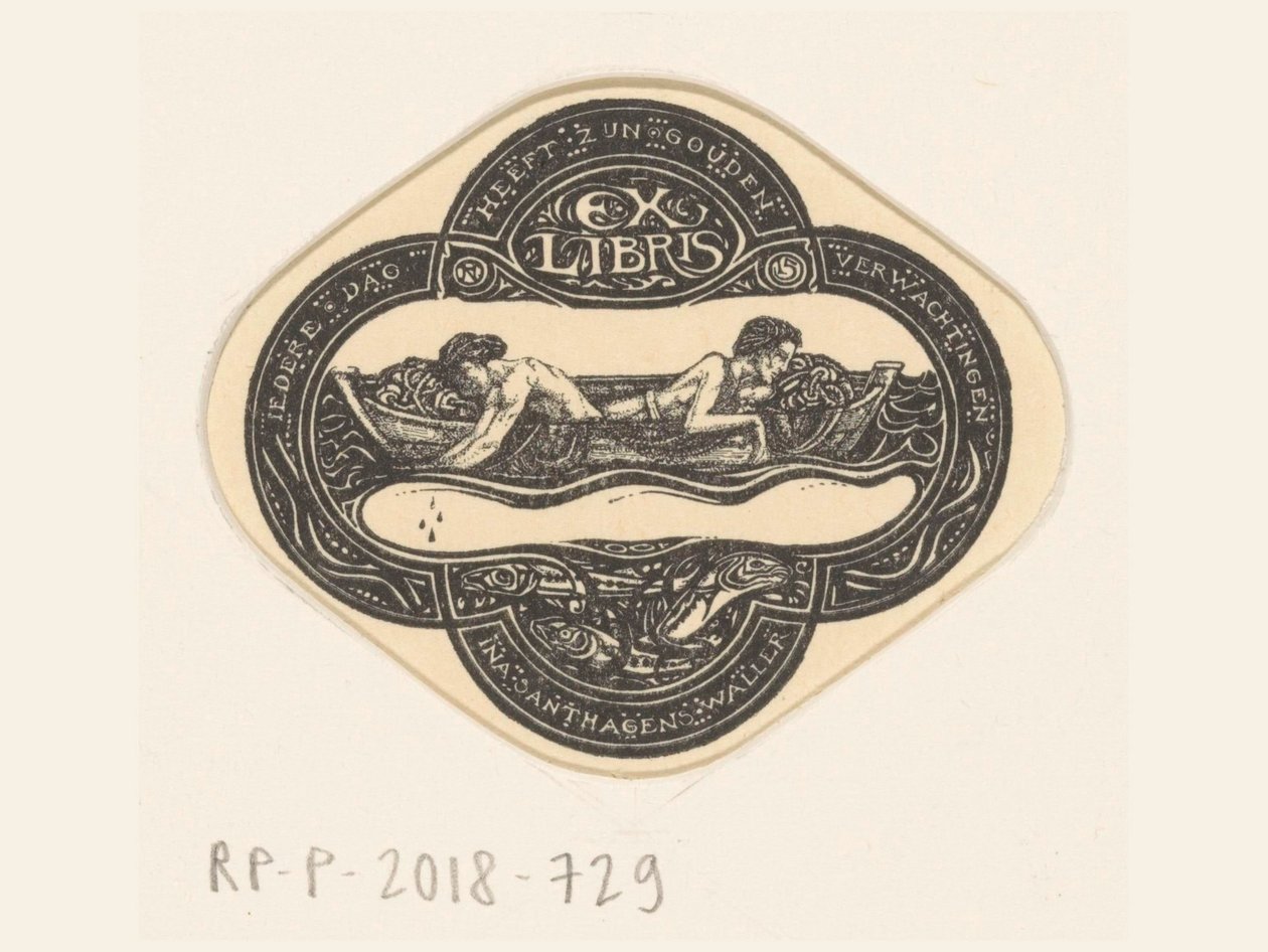 Ex libris av Ina van Eibergen Santhagens-Waller Varje dag har sina gyllene förväntningar (titel på objekt) av Richard Nicolaüs Roland Holst