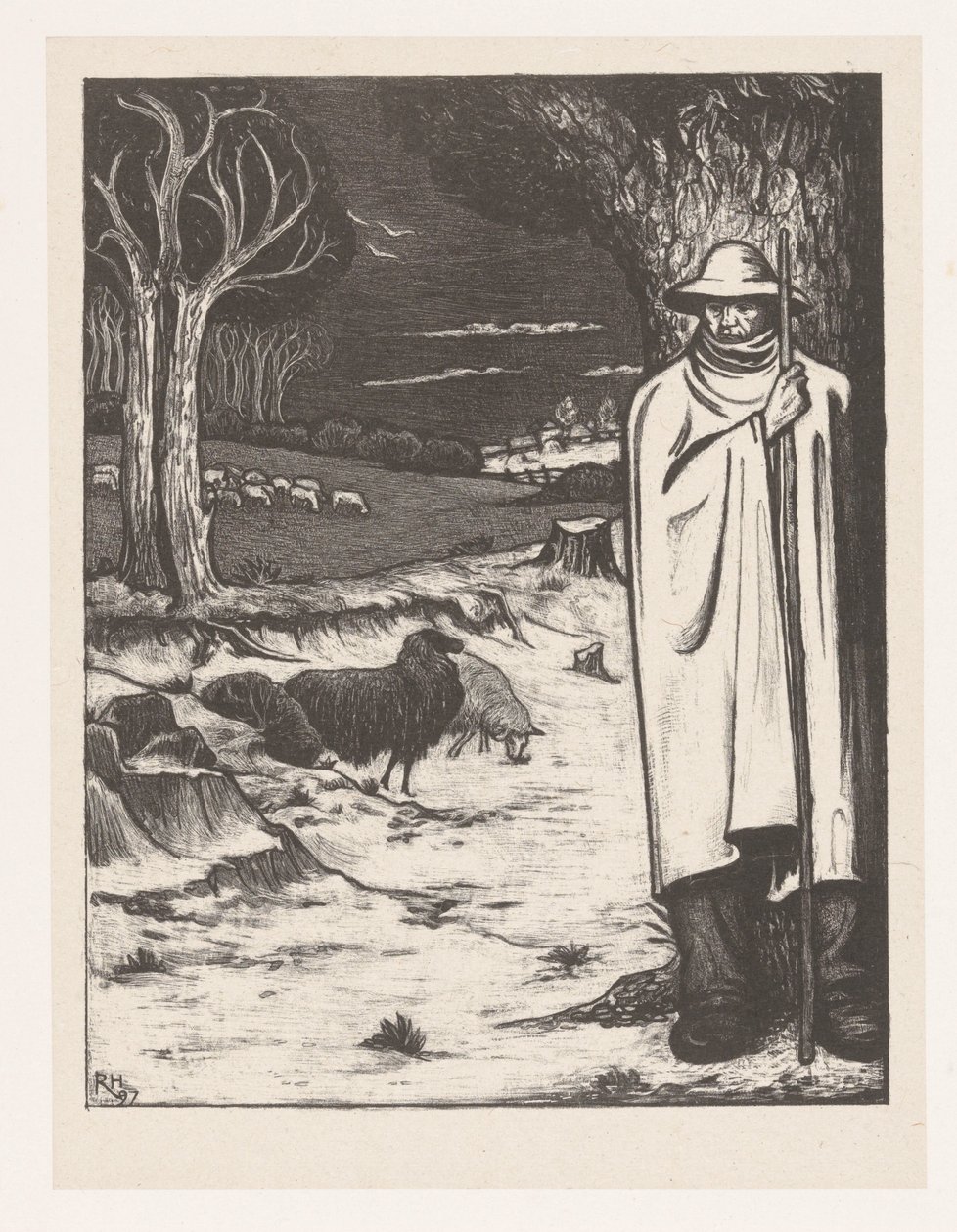 Herde med en flock får i ett kuperat landskap av Richard Nicolaüs Roland Holst