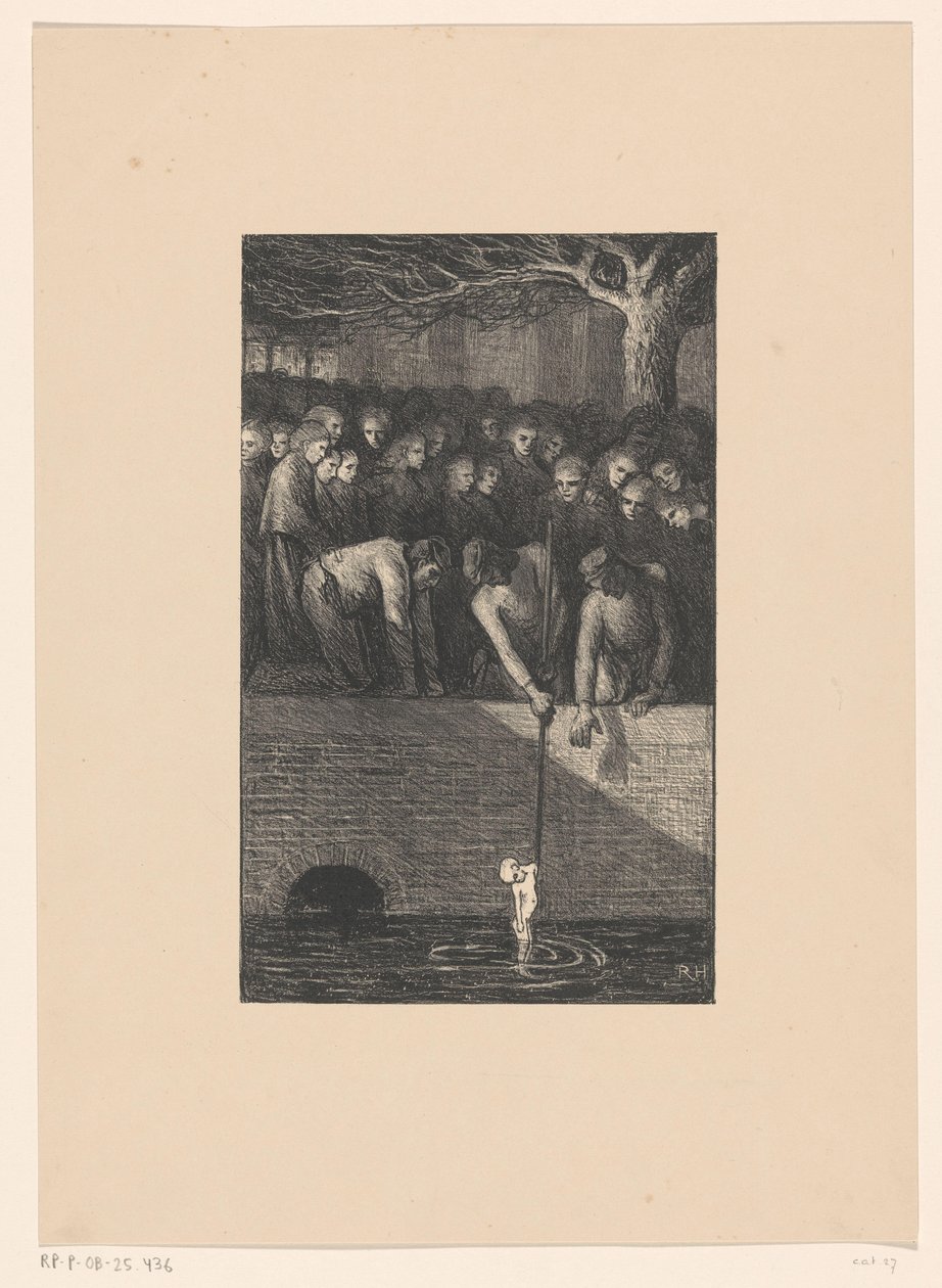Man tar ett babylik ut ur en kanal Avloppet spyr ut sitt elände (originaltitel) av Richard Nicolaüs Roland Holst