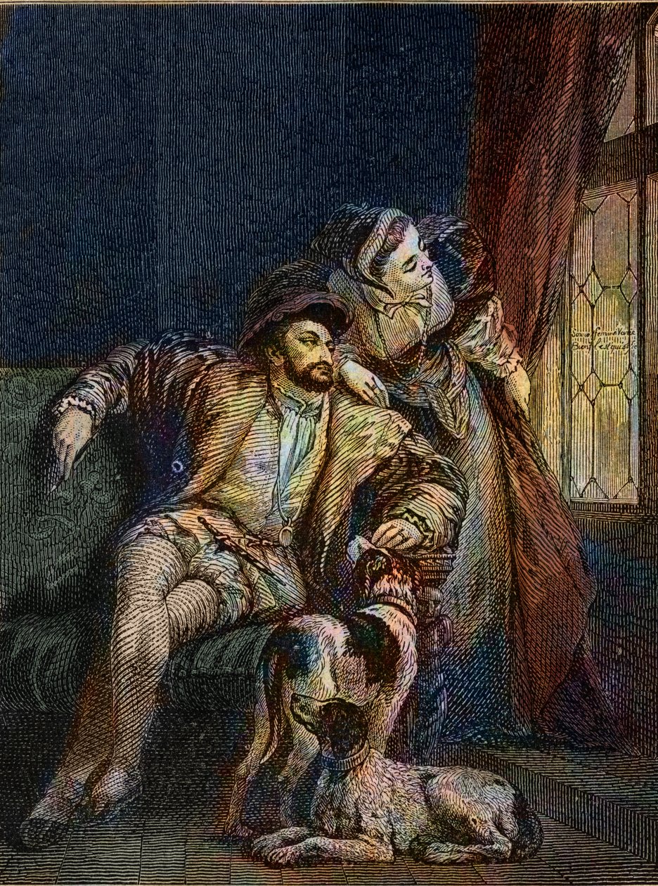 Francis I och Margarita av Navarra - Francois I kung av Frankrike med sin syster Marguerite av Angoulema (1492-1549) Drottning av Navarra - gravyr av Richard Parkes Bonington (1802-1828) - av Richard Parkes (after) Bonington