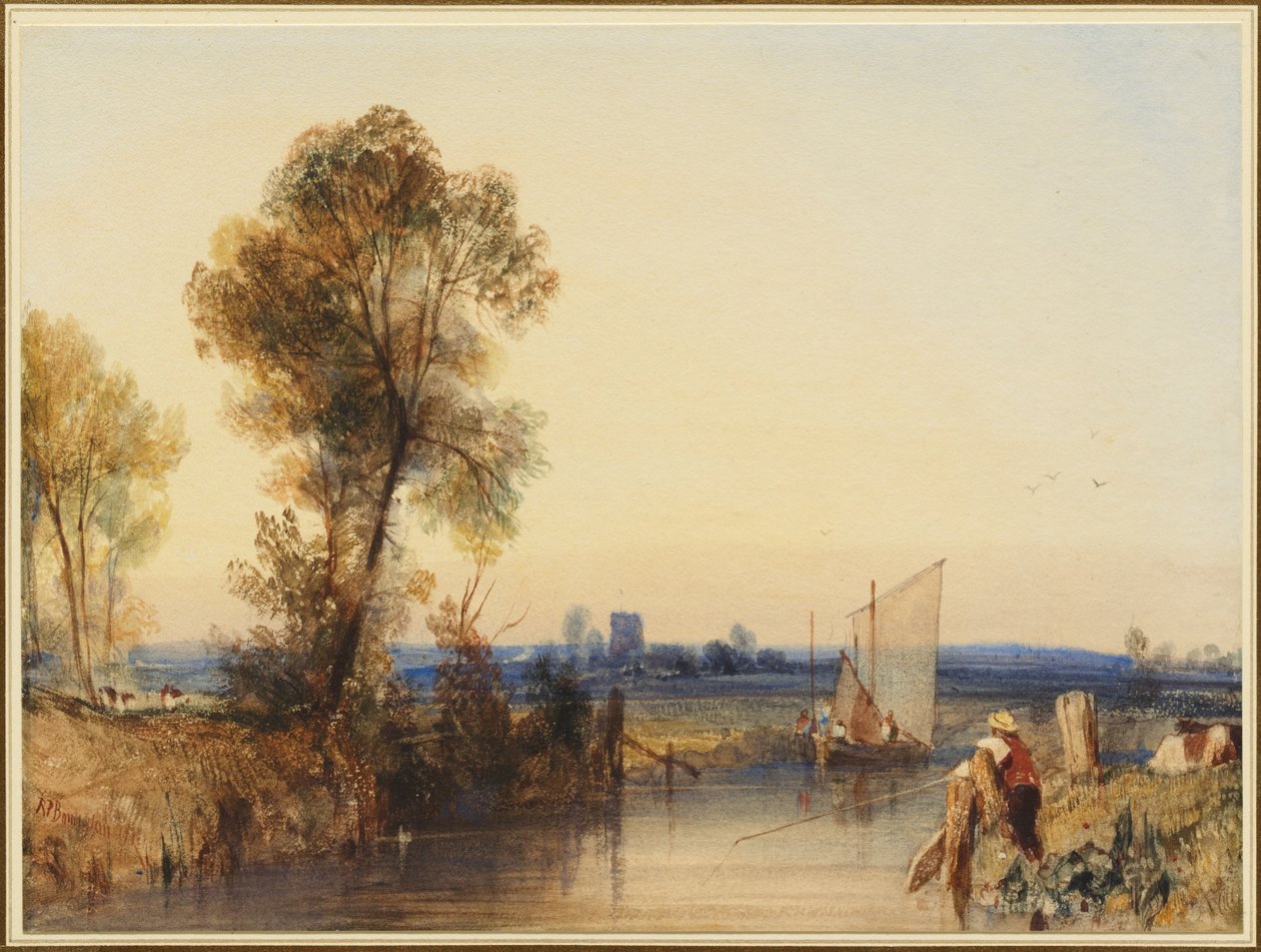 En fiskare vid en flods strand, ett kyrktorn i fjärran av Richard Parkes Bonington