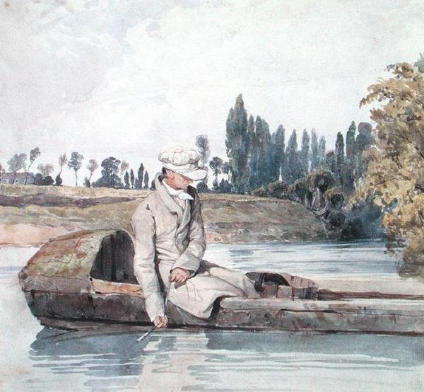 En man som fiskar från en båt på en flod (akvarell på papper) av Richard Parkes Bonington