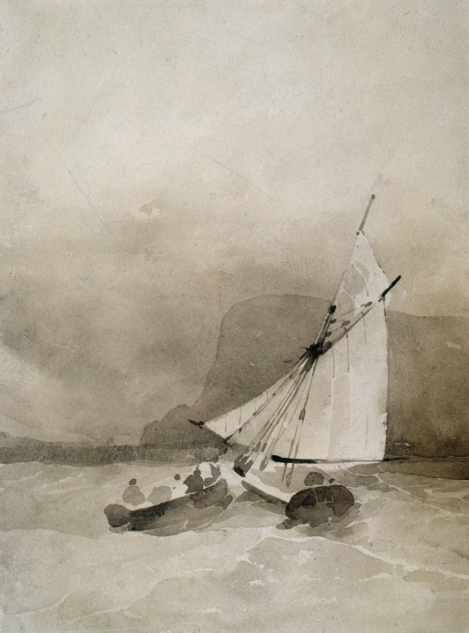 Ett segelfartyg och en roddbåt i grov sjö utanför Beachy Head, Sussex. av Richard Parkes Bonington