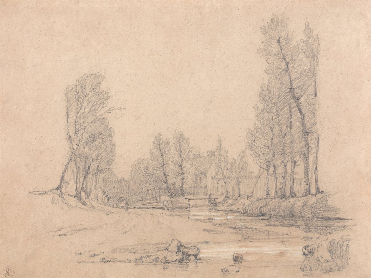 En trädbevuxen bäck och en bondgård i Normandie av Richard Parkes Bonington