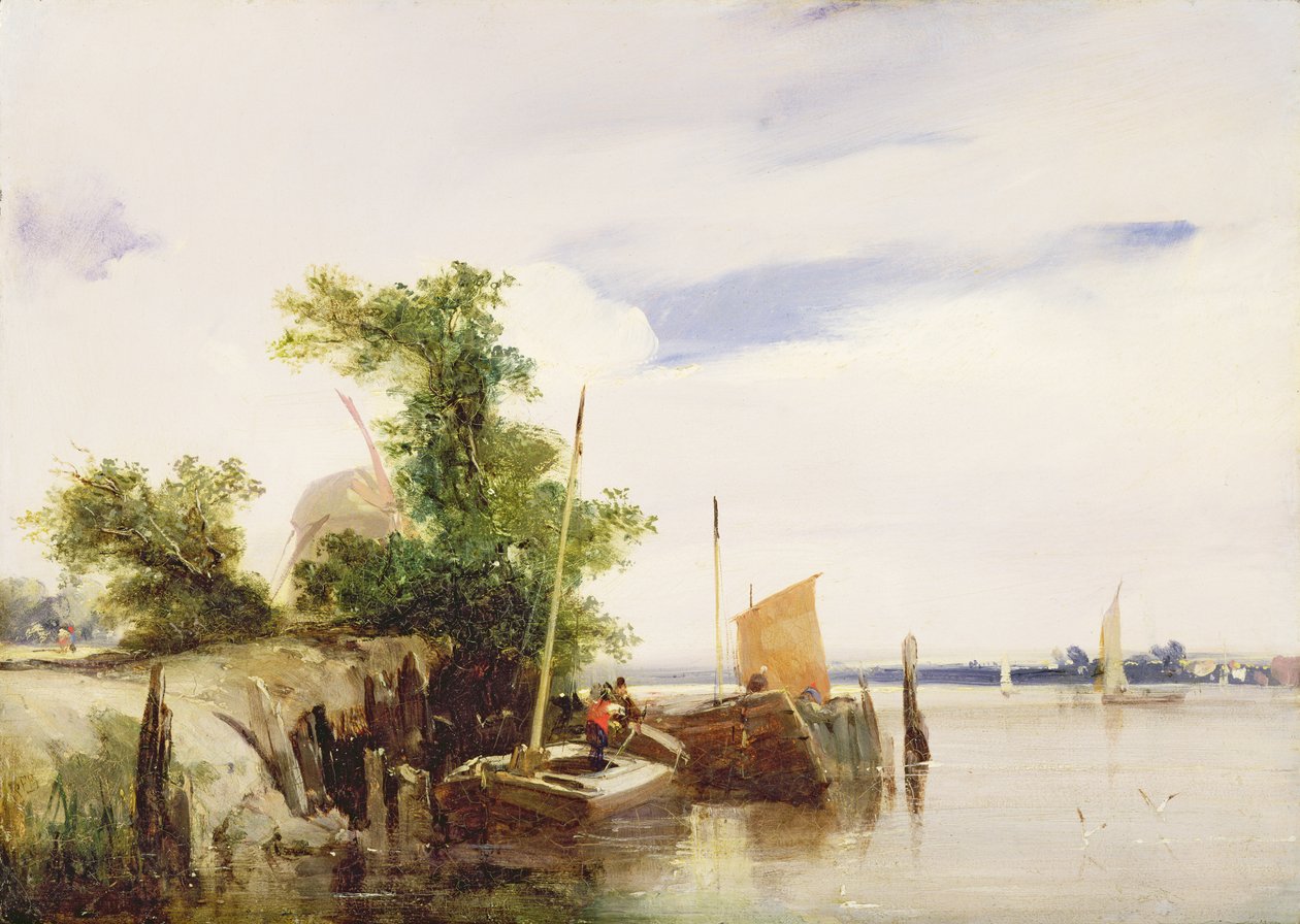 Pråmar på en flod, ca 1825-26 (olja på kvarnbräda) (signerad) av Richard Parkes Bonington